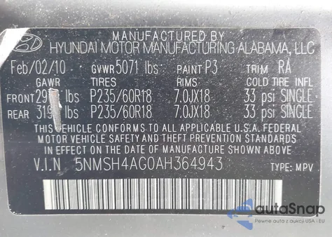 2010 Hyundai Santa Fe Se z USA, uszkodzony, nr VIN 5NMSH4AG0AH364943